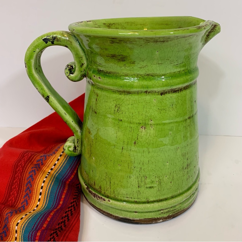 Large Heavy Earthenware Lime Green Pitcher Vintage Look for Decor